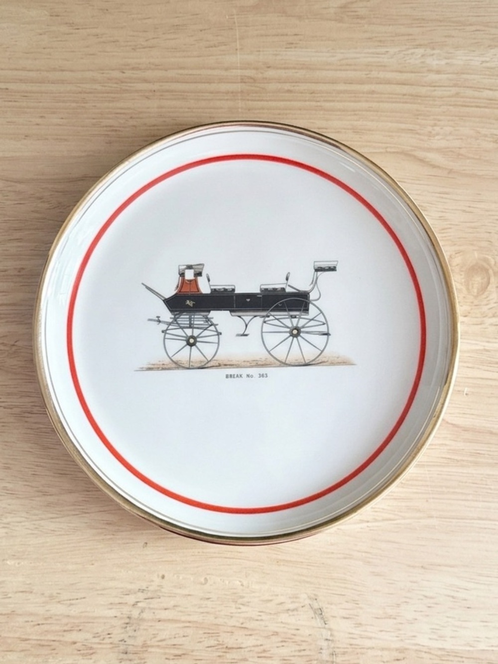 Hyalyn Porcelain 8in Plate Break No. 363 Carriage Red Band Gold Trim Made in USA